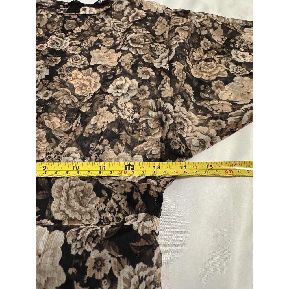 Zara Women's Dress Ruched Metallic & Floral Print Small Romantic Partial-Sheer - Picture 5 of 10